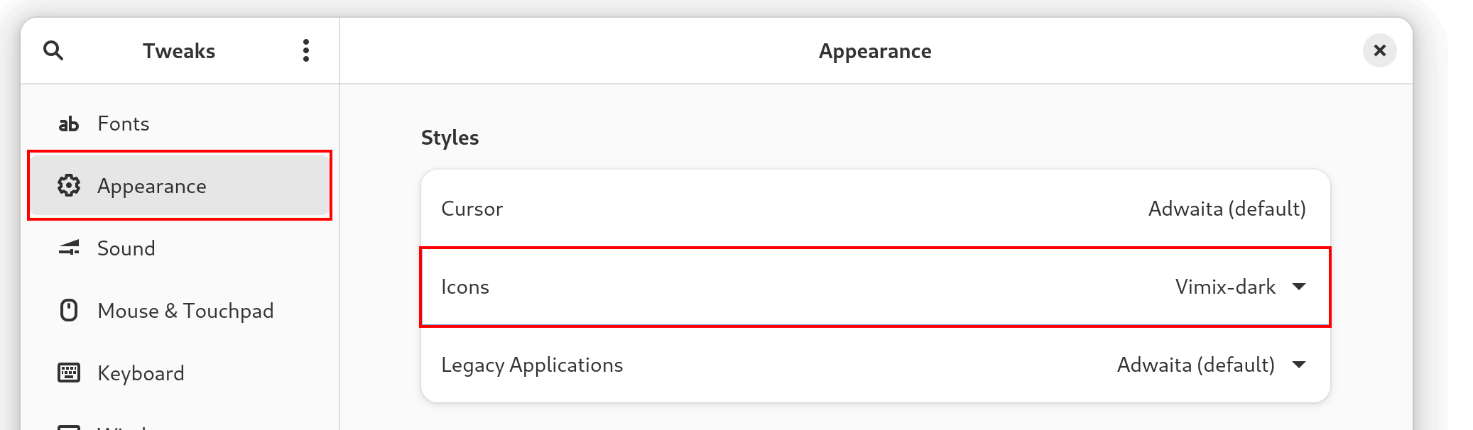 Gnome Tweaks Select Icons